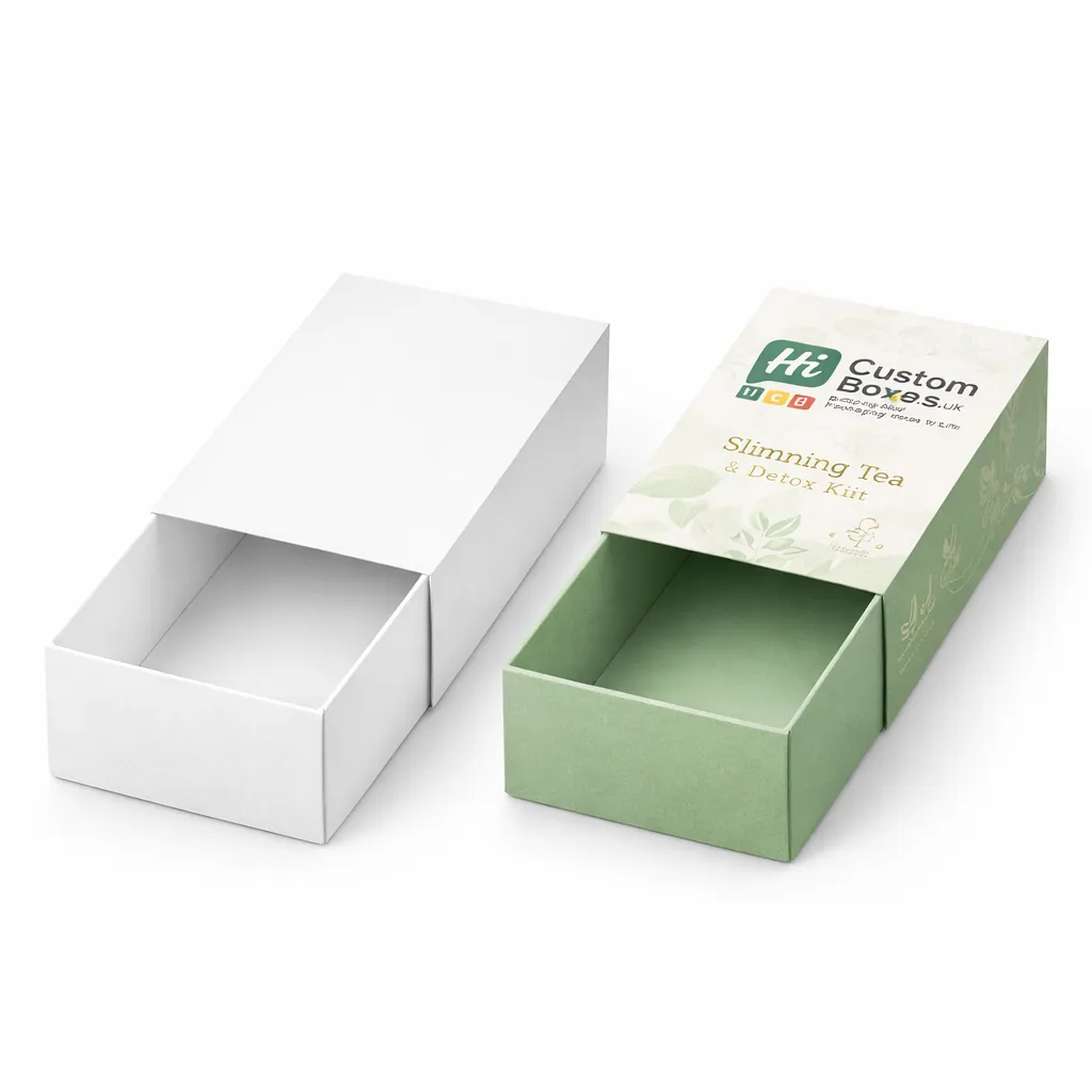 A plain white and a branded green tea box designed for wholesale health supplement packaging. class=